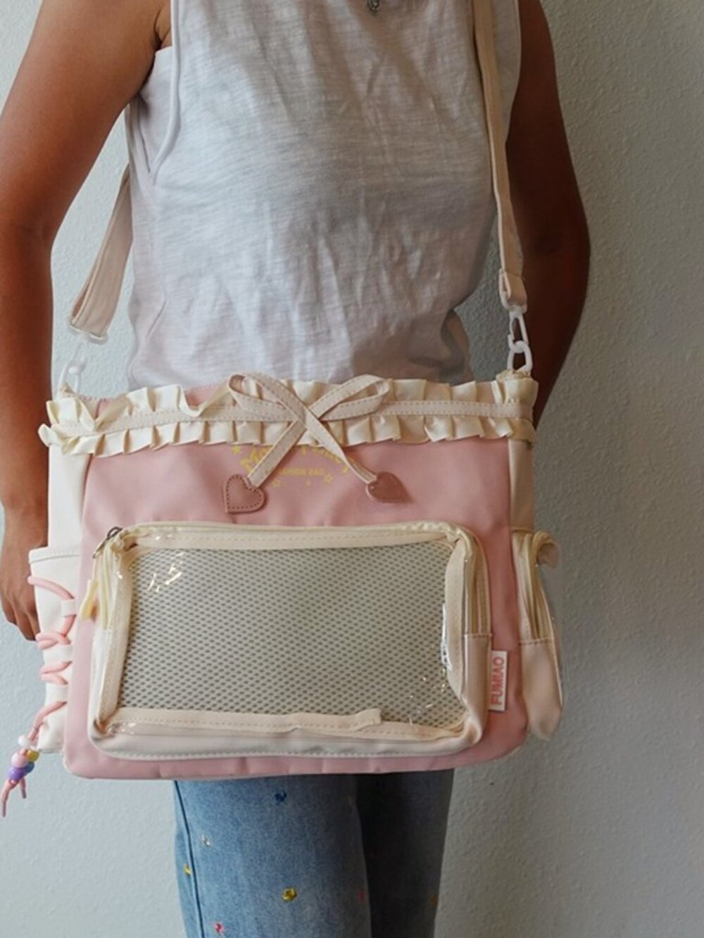 Cream Pink Kawaii Ita Bag Tote Clear Window Display Anime Pin Crossbody Itabag